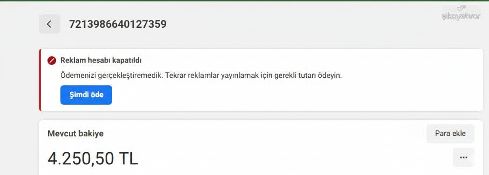 Meta reklam ödeme sorunu ekranı - ödeme başarısız hatası